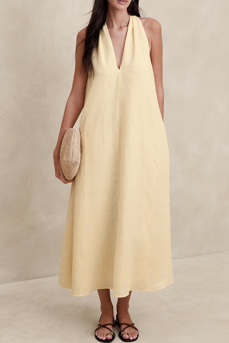 Daily Color Pocket V Neck Sleeveless Dresses