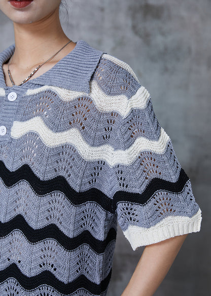 Grey Striped Hollow Out Knit Top Summer