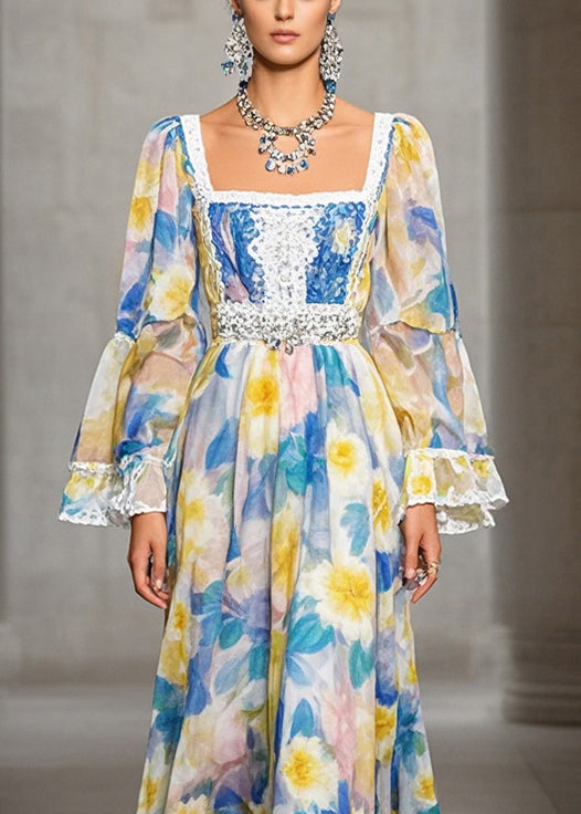 Square Collar Print Chiffon Full Dresses Fall