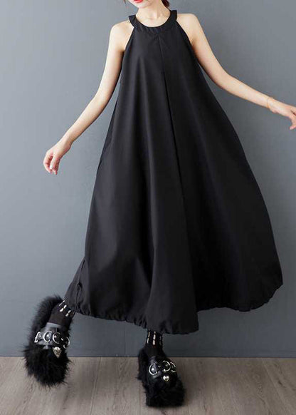 Black O Neck Wrinkled Drawstring Cotton Dress Sleeveless