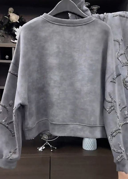 Grey O-neck Sequins Sweatshirt Fall