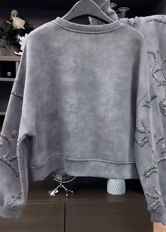 Grey O-neck Sequins Sweatshirt Fall