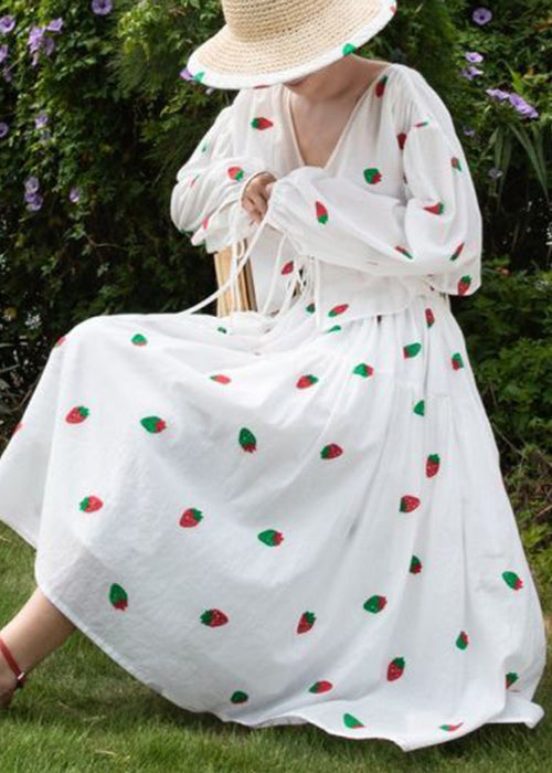 Art White Print Lace Up Shirts and Skirts Cotton Two Piece Set Fall