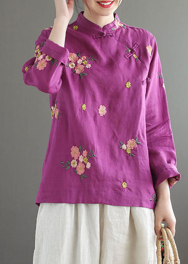 Purple Linen Chinese Style Blouses Embroidered Oriental Button Long Sleeve