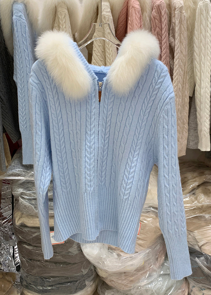 White Zippered Patchwork Hooded Cotton Knit Cardigan Winter