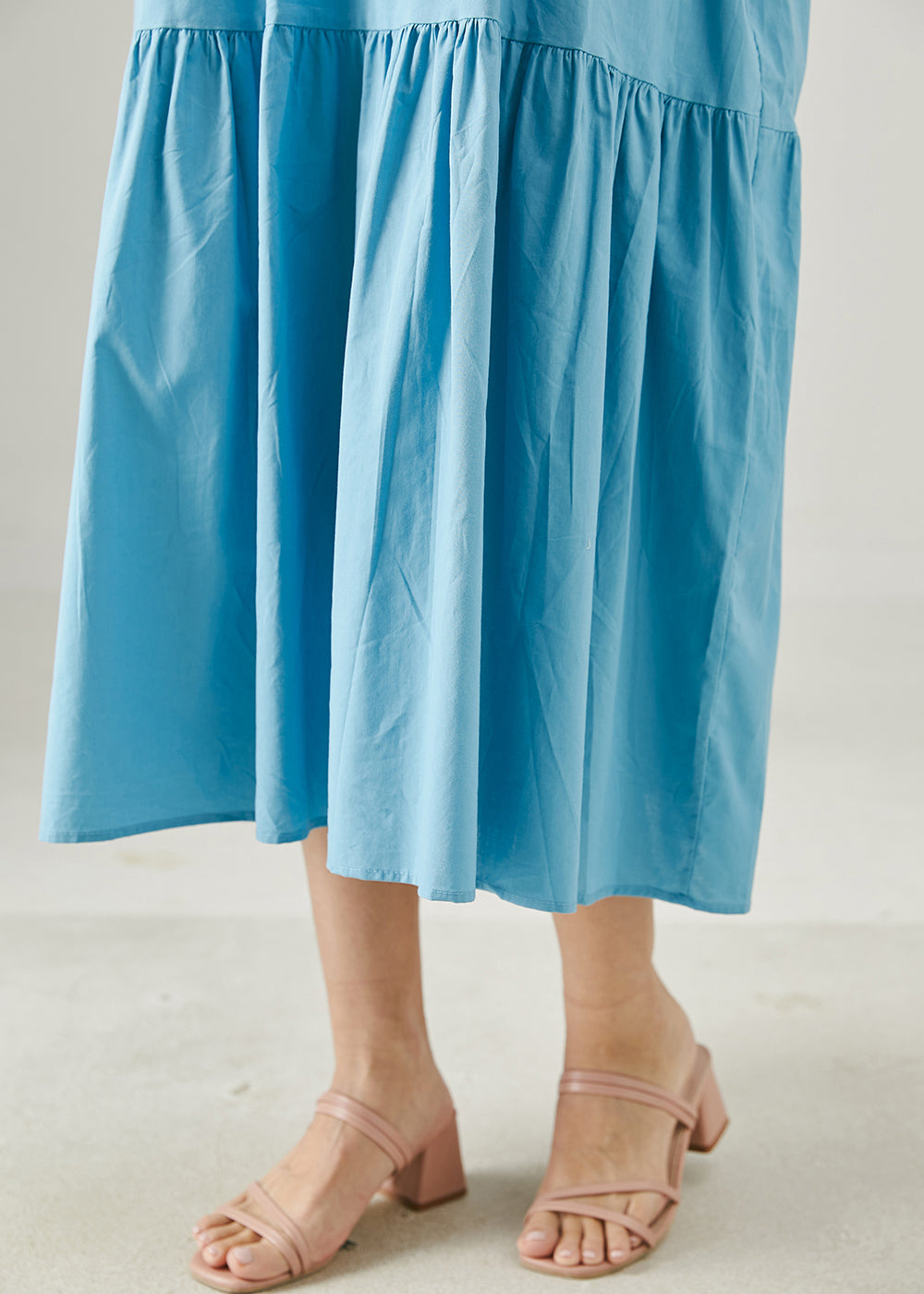 Sea Blue Lace Up Patchwork Cotton Dress Sleeveless