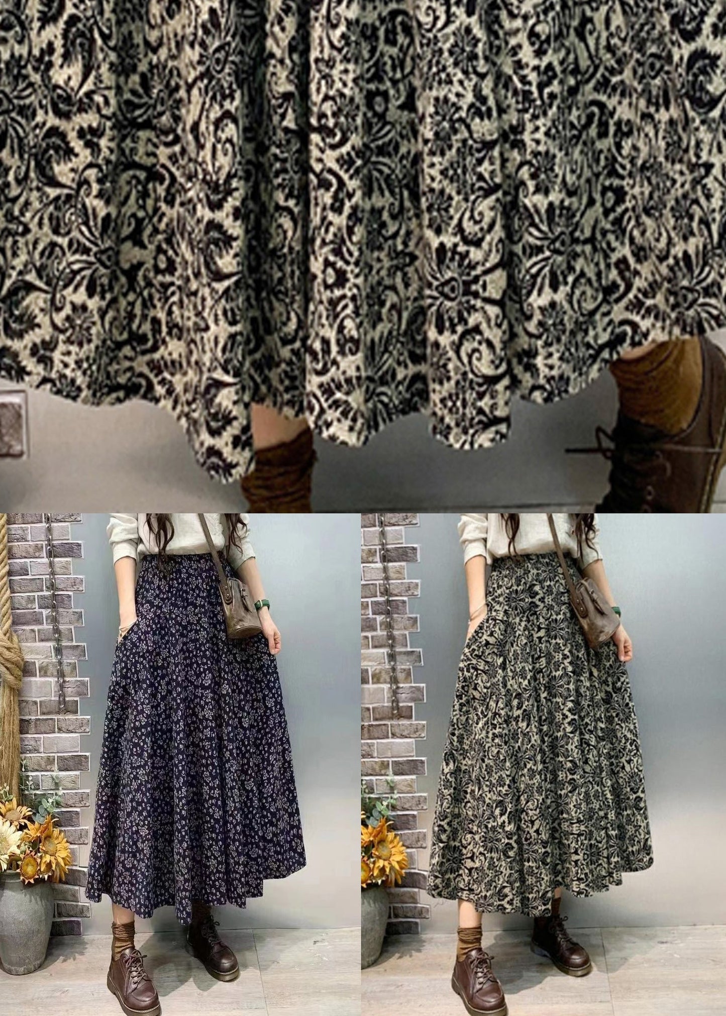 Navy Pockets Elastic Waist Cotton Skirt Fall