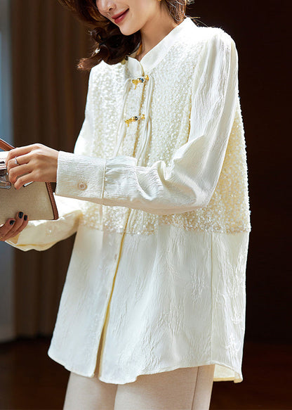 Beige Chinese Button Sequins Silk Shirt Long Sleeve