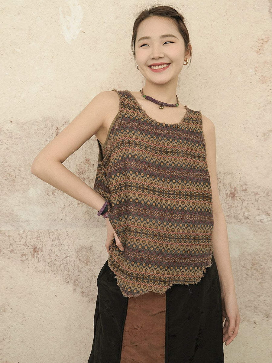 Retro Worn Irregular Hem Geometric Vest