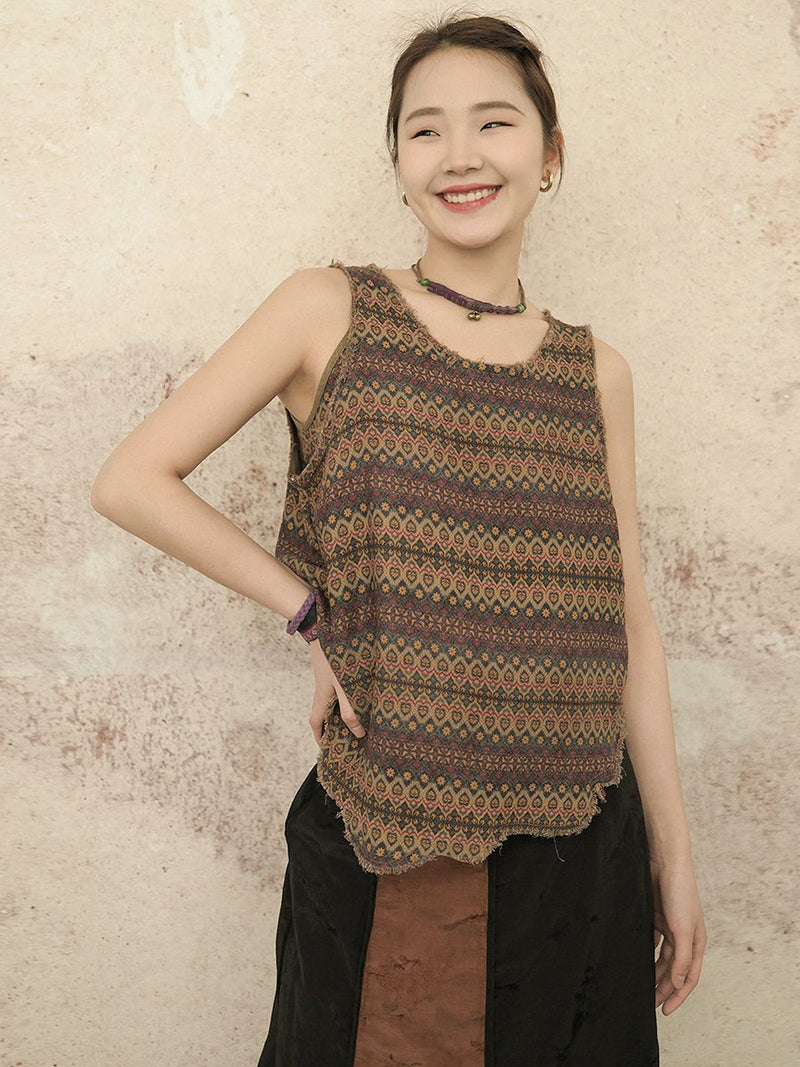 Retro Worn Irregular Hem Geometric Vest