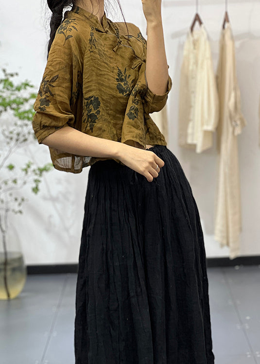 Yellow Stand Collar Print Linen Top Bracelet Sleeve