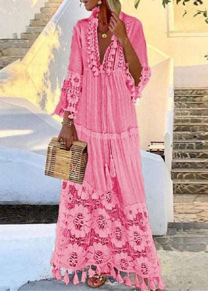 White Lace Tassel Patchwork Vacation Long Dress Summer