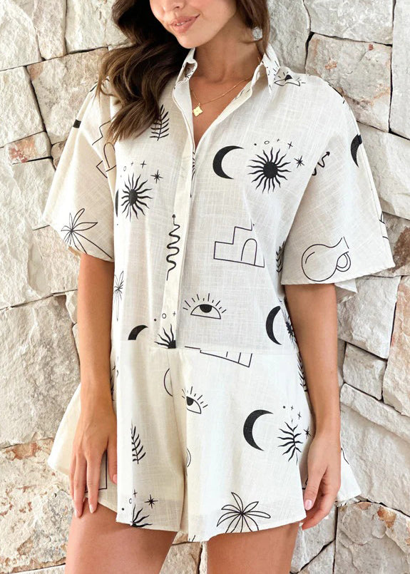 Pink Peter Pan Collar Print Cotton Jumpsuit Summer