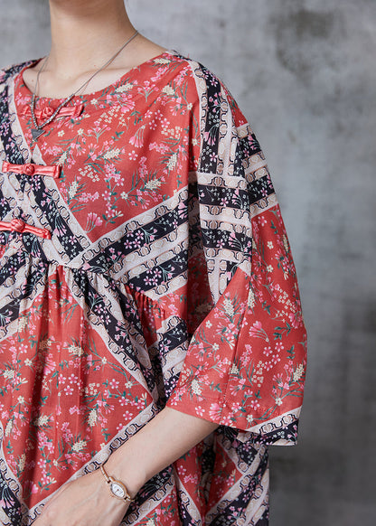 Red Oversized Print Cotton Mid Dresses Summer