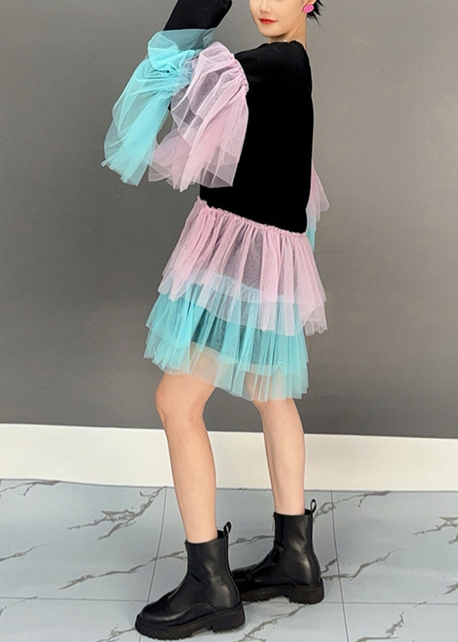 Black O Neck Tulle Patchwork Cotton Mid Dress Fall
