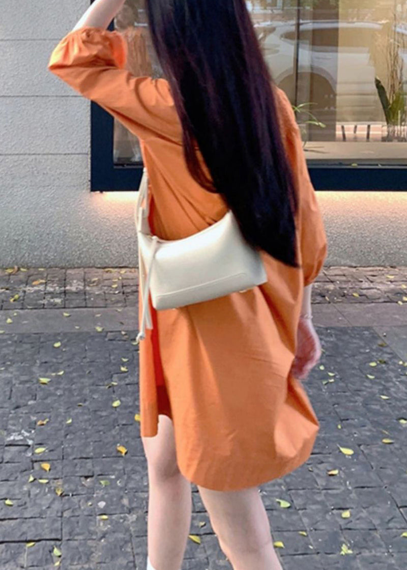 Simple Orange Peter Pan Collar Wrinkled Cotton Shirts Dress Bracelet Sleeve