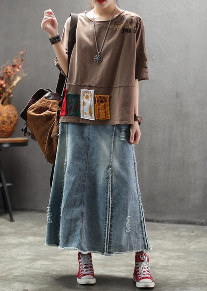 Red Cotton Clothes for Korea Summer Loose Retro Ripped Hole Embroidery T-shirt