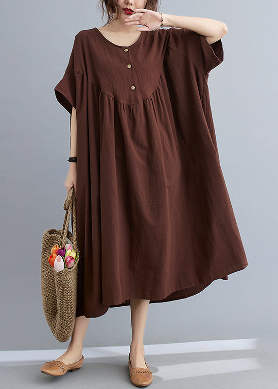 Coffee O-neck Wrinkled Maxi Dresses Summer