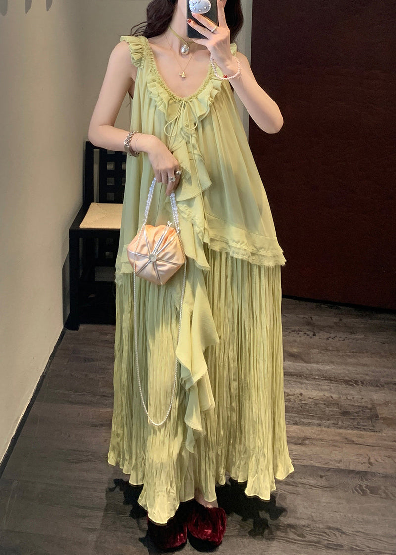 Green V Neck Lace Up Wrinkled Chiffon Long Dress Sleeveless