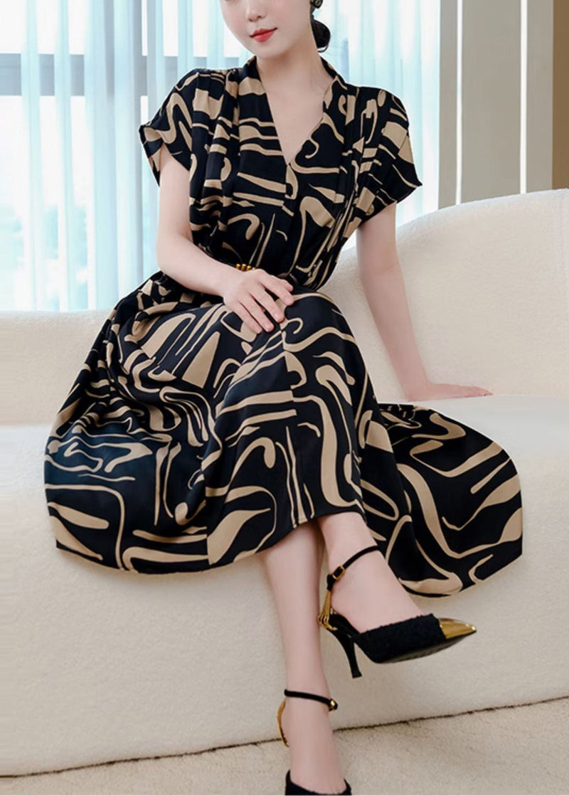 Black Print Silm Fit Chiffon Dress Summer