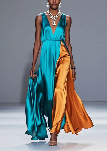 Green V Neck Patchwork Exra Large Hem Silk Cami Dress Summer