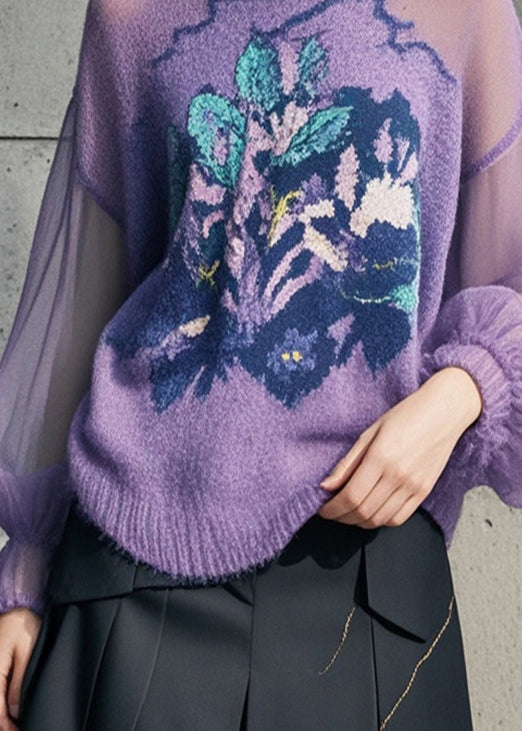 Purple Print Hollow Out Knit Pullover Fall