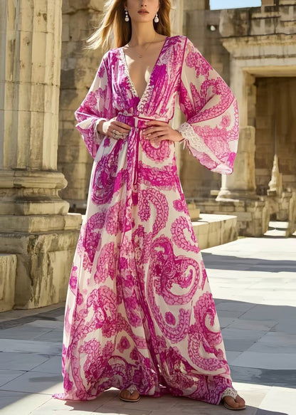 Rose Print Exra Large Hem Chiffon Vacation Dresses Spring