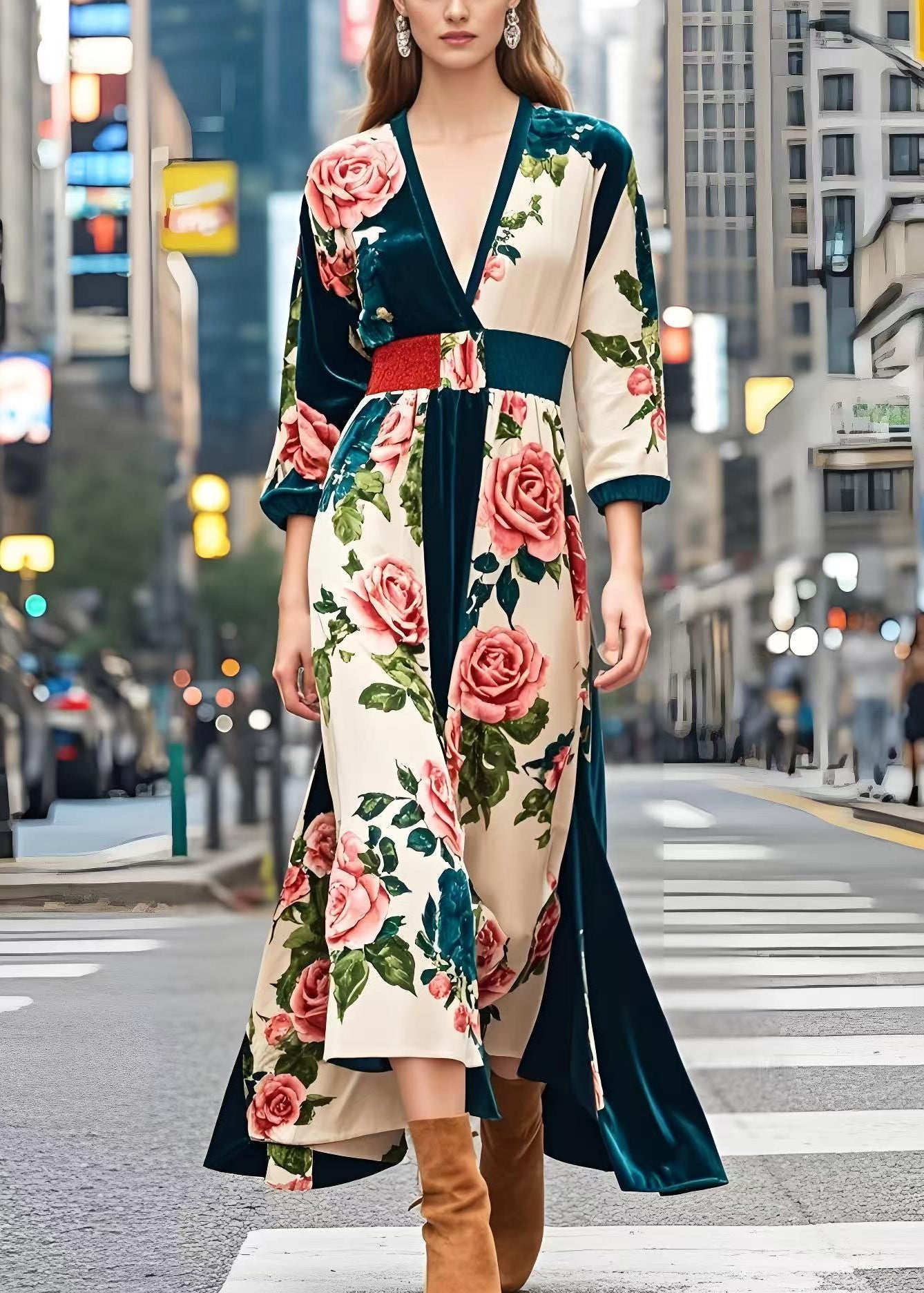 Peacock Green Cinched Print Silk Velvet Dress Spring