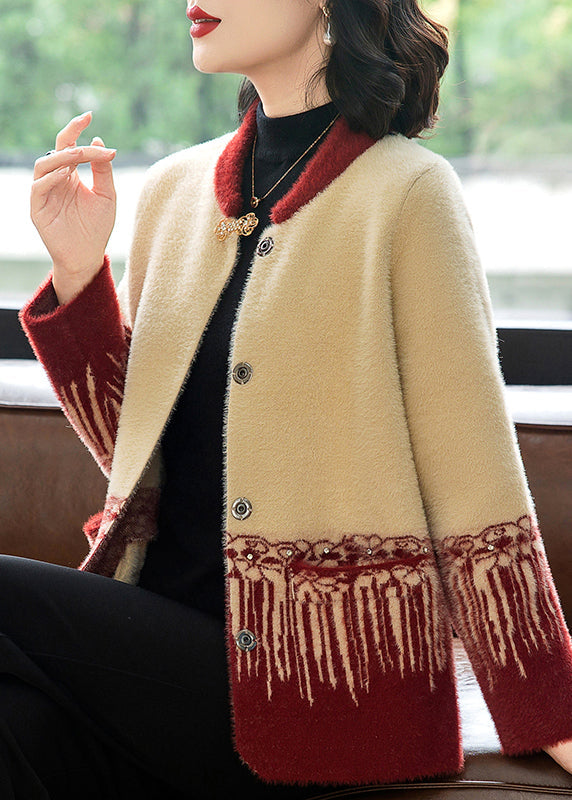 Style Red O-neck Rivet Mink Hair Knitted Coats Fall