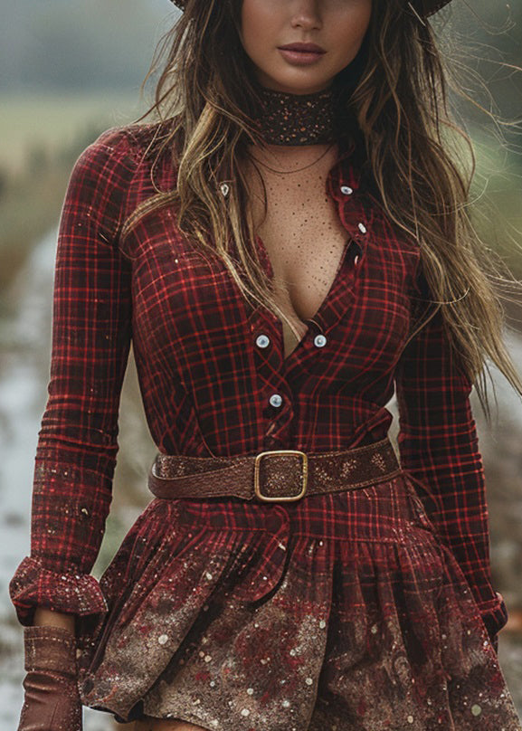 Red Ruffled Plaid Cotton Mini Dresses Long Sleeve