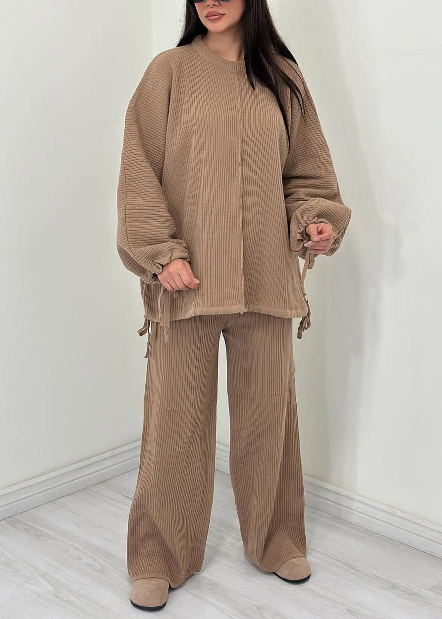 Green O Neck Tops and Pants Cotton Two Pieces Set Fall