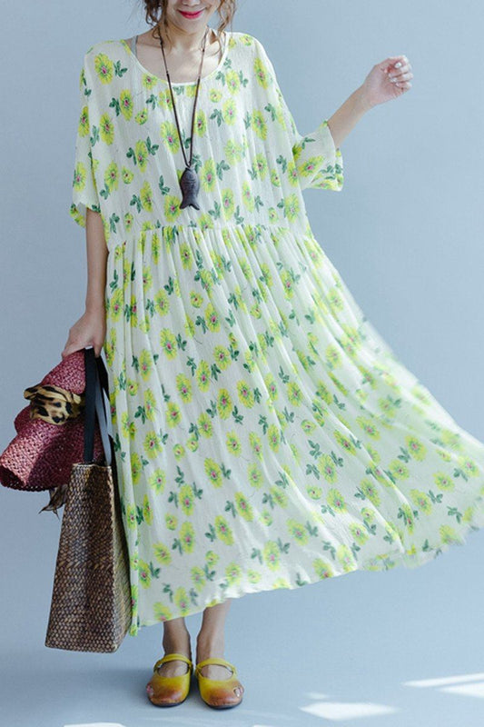 Green a Little Flower Holiday Summer Dresses Clothing Q