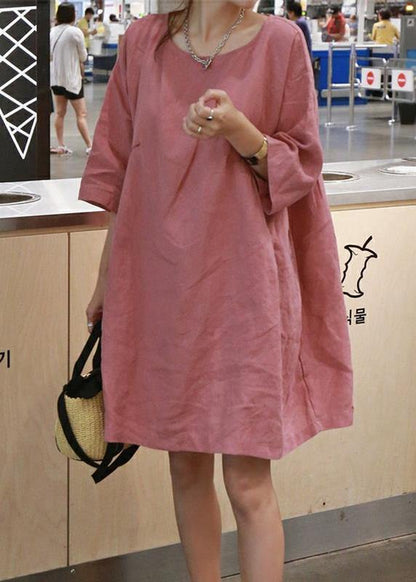 Style Pink Cotton Linen Outfit O Neck Cinched a Line Summer Dresses