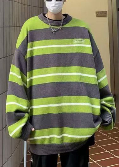 New Green O Neck Striped Knit Sweaters Winter