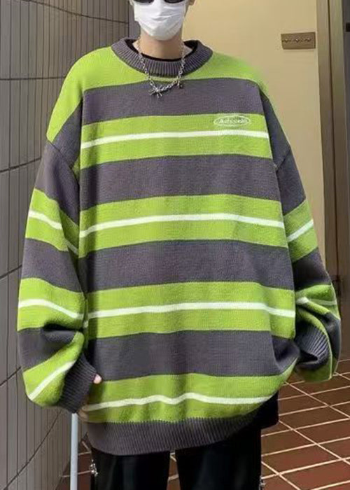 New Green O Neck Striped Knit Sweaters Winter