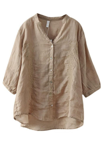 French Khaki Embroidered V Neck Ramie Blouse Top Summer
