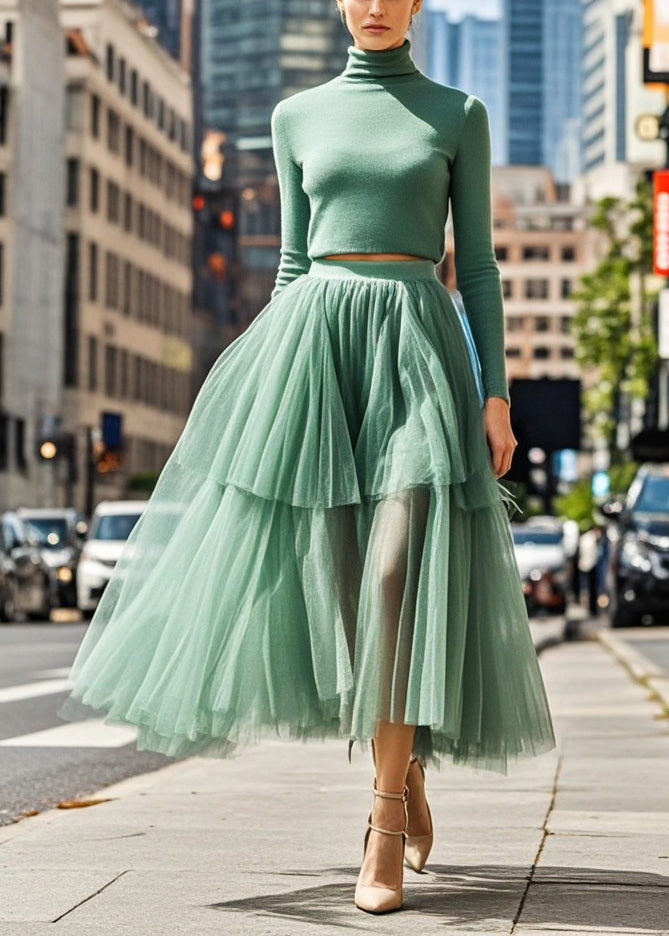 Green Exra Large Hem Tulle Pleated Skirt Fall