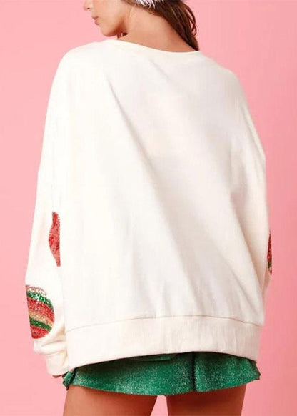 Italian White O Neck Sequins Cotton Sweatshirts Top Winter