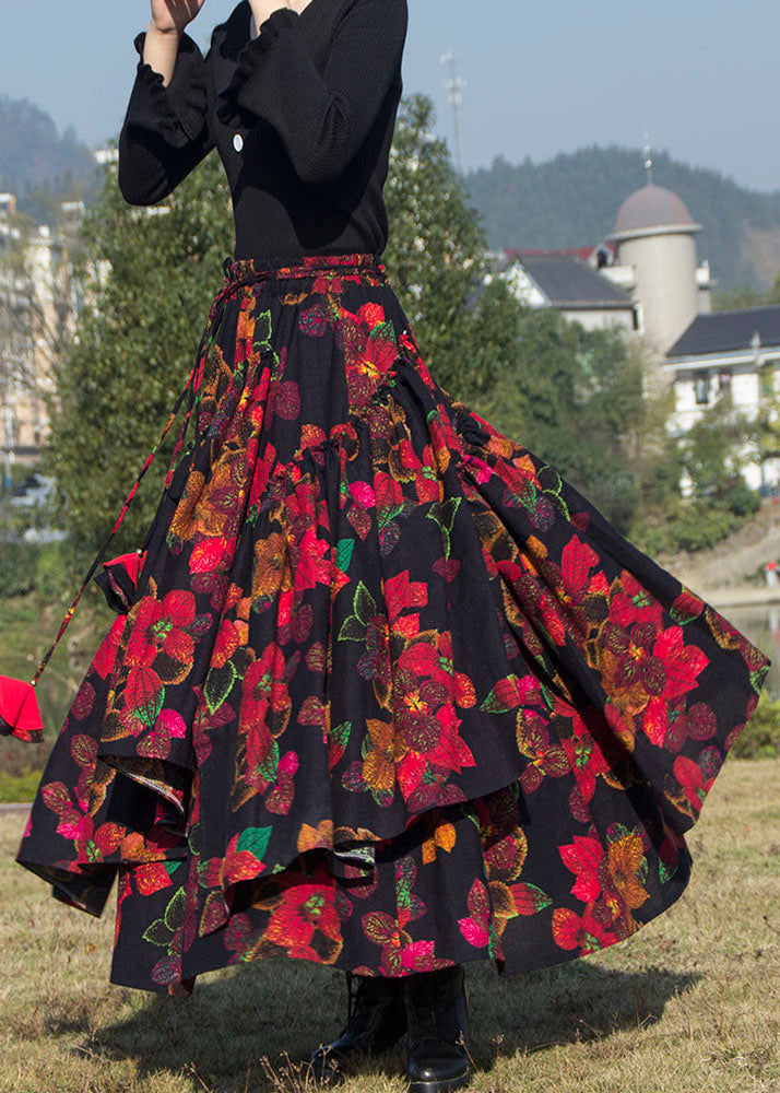 Wrinkled Asymmetrical Print Patchwork Cotton Skirt Fall