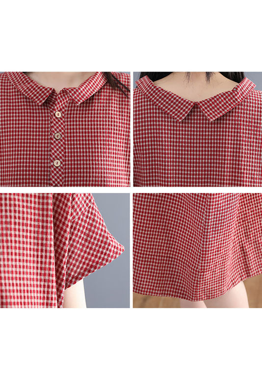 Summer Retro Loose Shirt Skirt Plaid Cotton Linen Dress
