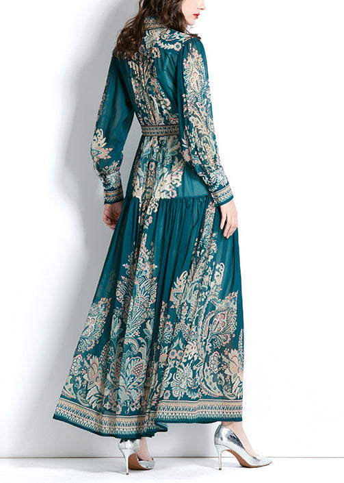 Green Stand Collar Print Tie Waist Chiffon Dress Lantern Sleeve