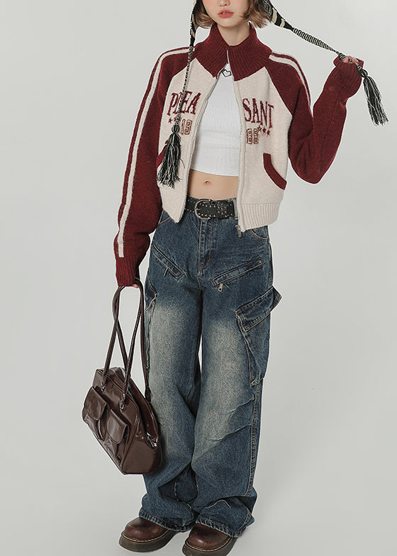 Red Stand Collar Patchwork Knit Loose Coat Winter