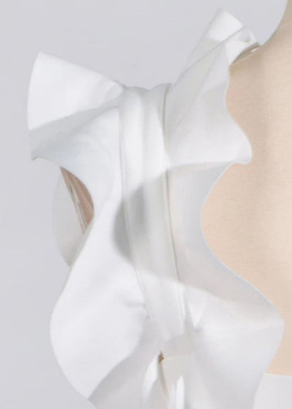 White Ruffled Pockets Cotton Party Dress Sleeveless