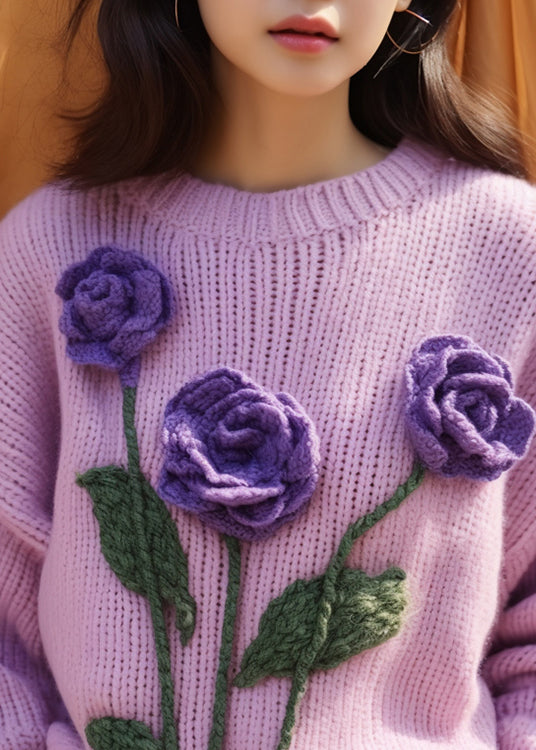 Purple Hollow Out Knit Sweaters Winter