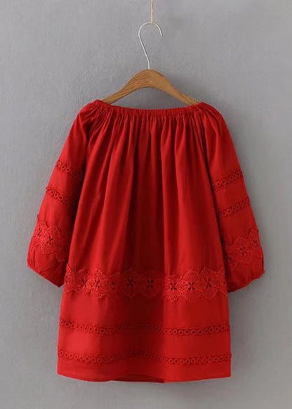 Red Lace Patchwork Hollow Out Shirt Long Sleeve