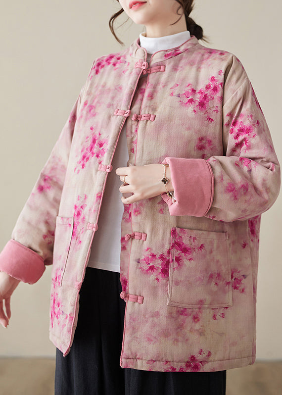 Pink Print Button Pockets Cotton Filled Parkas Winter