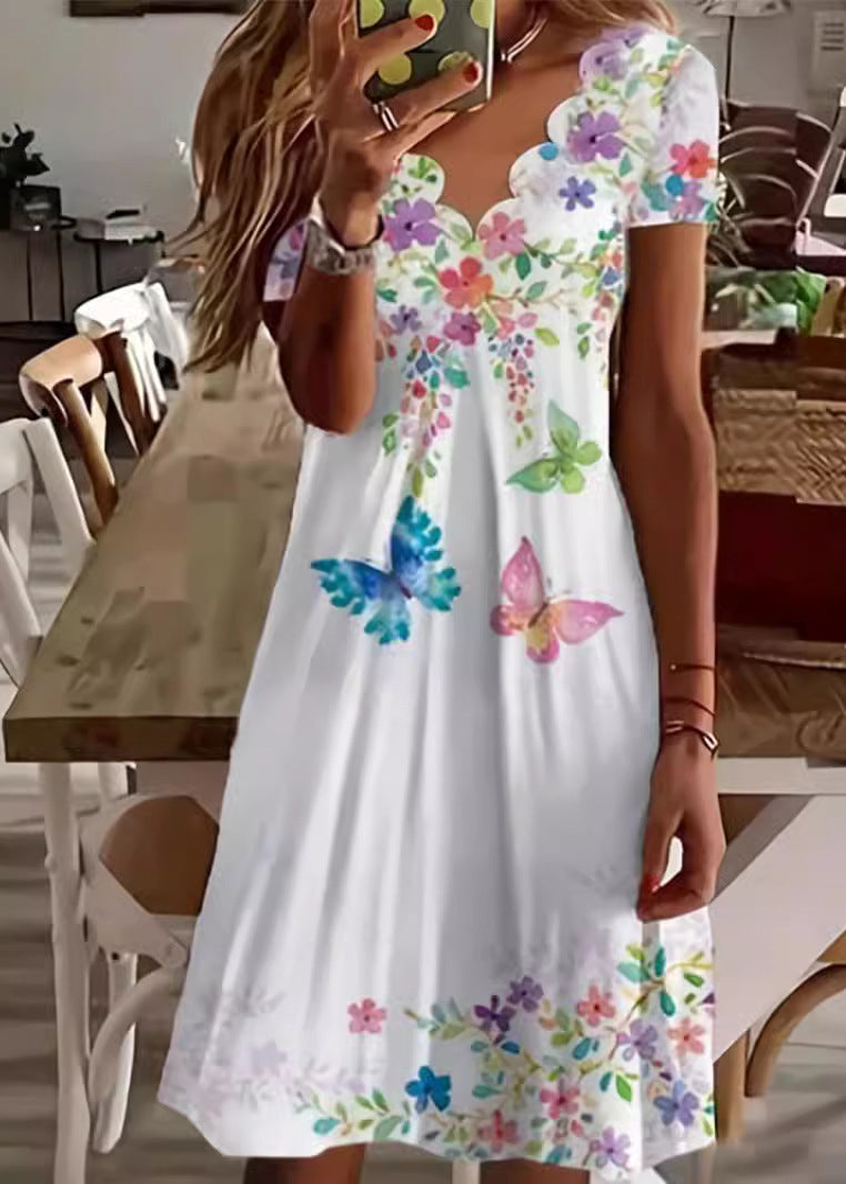 V Neck Print Cotton Loose Dress Summer