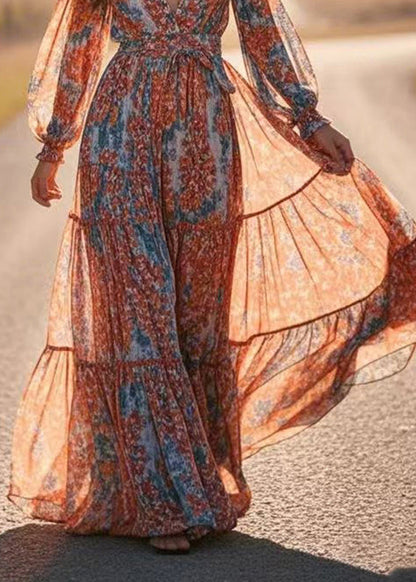 Blue V Neck Patchwork Chiffon Long Dress Lantern Sleeve