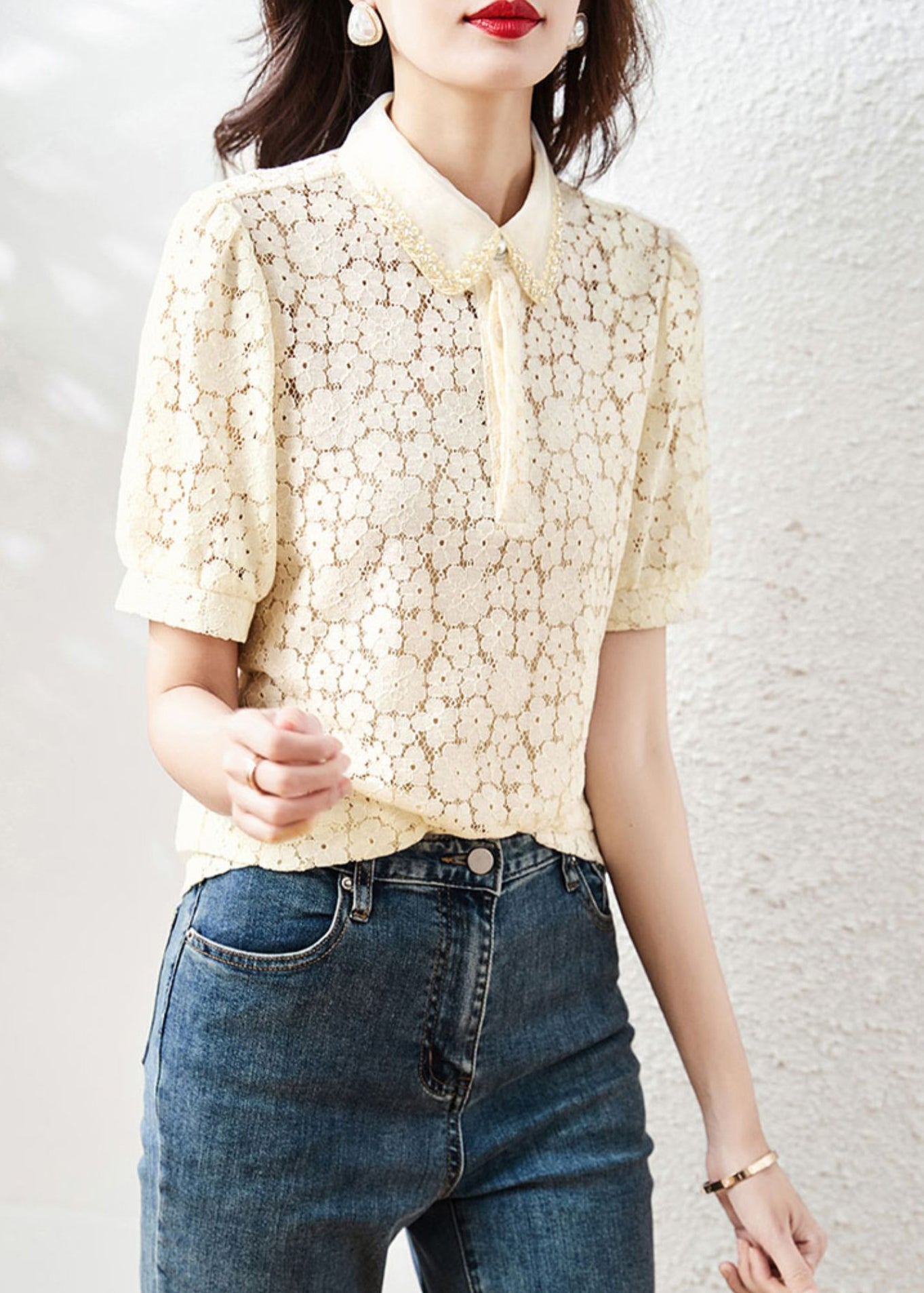 Apricot Peter Pan Collar Lace T Shirt Summer