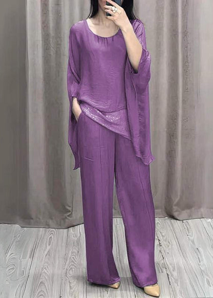 Loose Purple O Neck Tops and Pants Cotton Two Pieces Set Batwing Sleeve